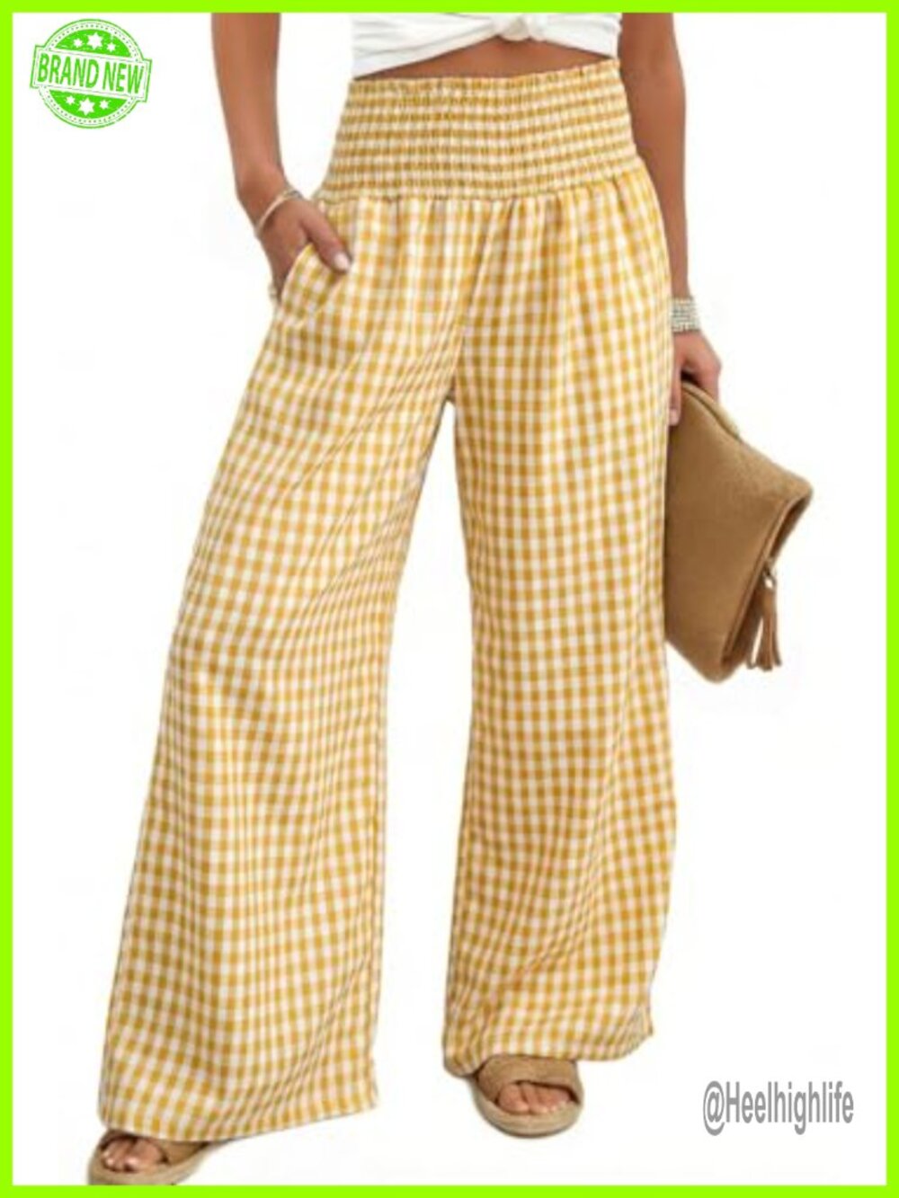 Dokotoo Gingham Wide Leg Palazzo Pants High Rise Smocked Waist Pockets
